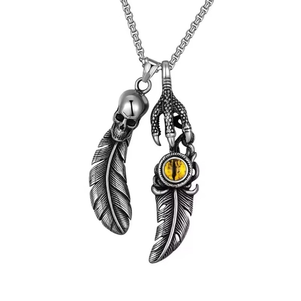 2 Pc Platinum Feathers W/ Skull & Eagle Eye & Talon Punk Bohemian Necklace Set - Picture 6 of 6